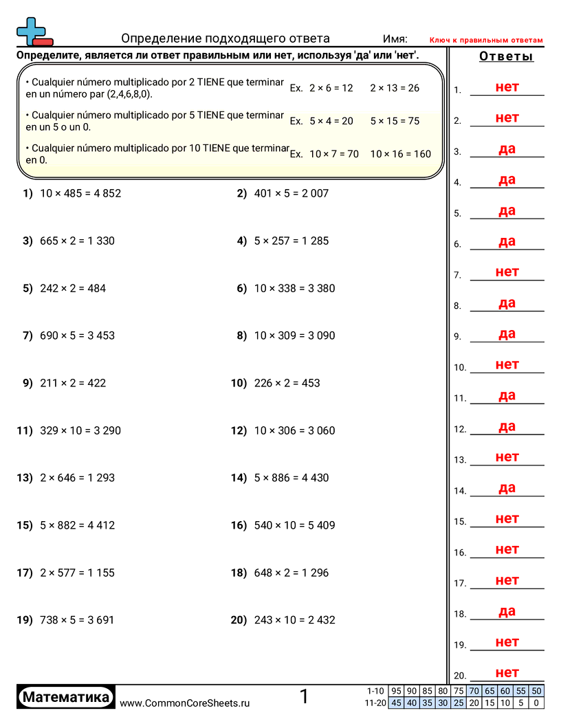 Рабочие Листы на Умножение - Определение разумных ответов (2, 5, 10) worksheet
